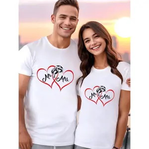 Mr & Mrs With Two Hearts And Rings, Representing Love And Commitment, Sports Unisex Valentine's Day T Shirt 1Pcs 100% Cotton Tshirt