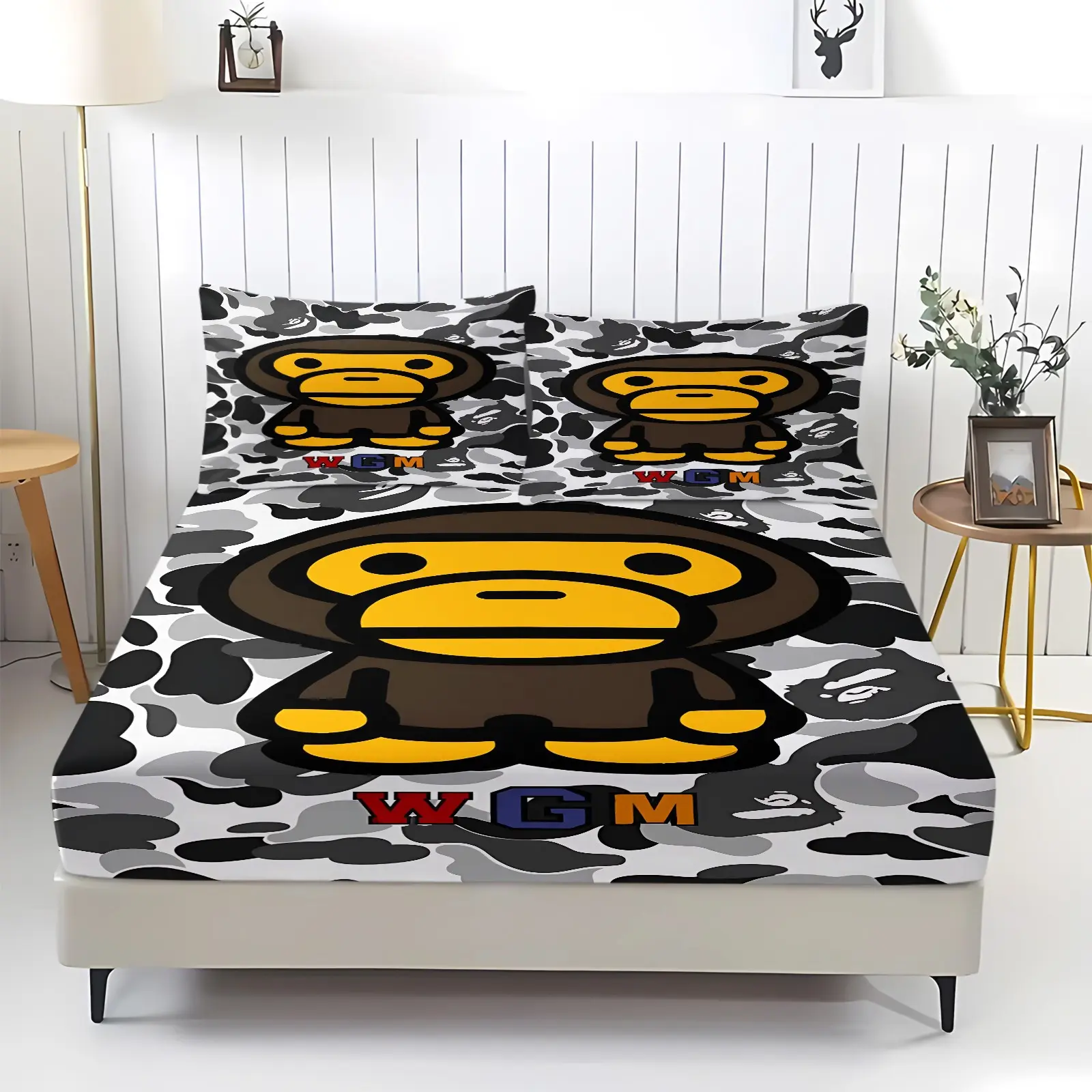 3pcs  Cartoon Monkey Mascot Pattern Printed Bed Sheet Set, Classic Camouflage Themed Bedding Set, Breathable And Soft Ultra-Fine Fiber Bedding, 1 Bed Sheet And 2 Coreless Pillowcases, Suitable For Bedroom Bedding Set, Fan Gift