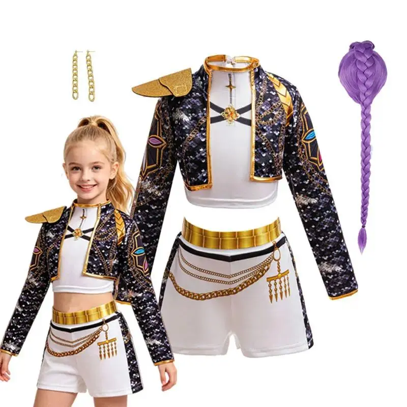 Girls Anime Game Cosplay Costume Set, Kids Sparkly Sequin Jacket Shorts Outfit with Purple Braid Wig Earrings, Halloween Carnival Theme Party Stage Performance Dress Up