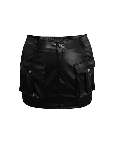 【Plus Size】 Solid Pocket Decor PU Skirt, Fashion Casual Mini Skirt for Daily Outdoor Wear, Women Plus Clothing for All Seasons