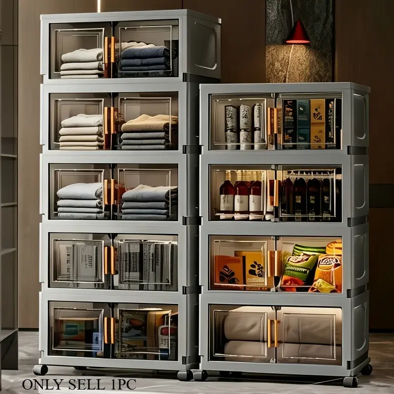 3/4/5/6-tier portable, installation-free office storage cabinet with lid, 18.5" (47cm) stackable storage box with handle, foldable plastic storage box with door and wheels, suitable for home, dormitory, living room, kitchen, bathroom, office, gray