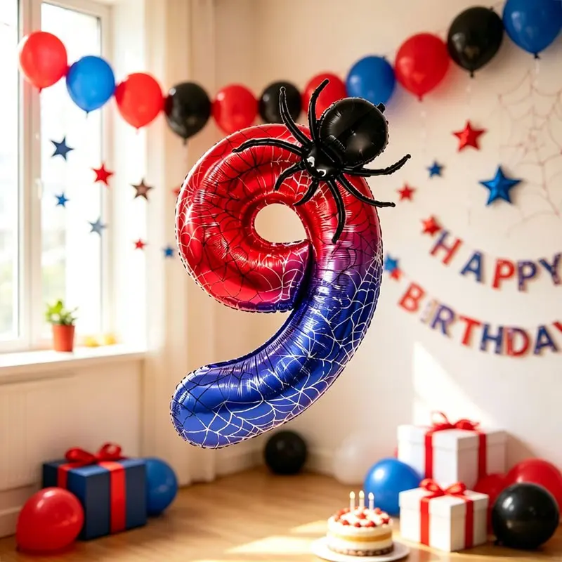 4-Piece Red Blue Gradient Number Balloon Set，Contains 40-inch Spider Digital，Spider aluminum film，Perfect for Kids Birthday Parties, Kindergarten Activity Setup，Children's Room Decoration，Fan Anniversary Meetup，Surprise Gift for Your Children。