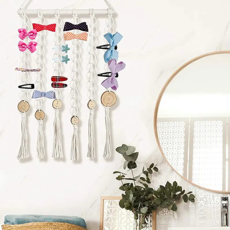 Bohemian Handmade Photo Wall Hanging, Multi-Functional Storage Decor, Holds Photos, Hair Clips, Postcards, No Light String Included