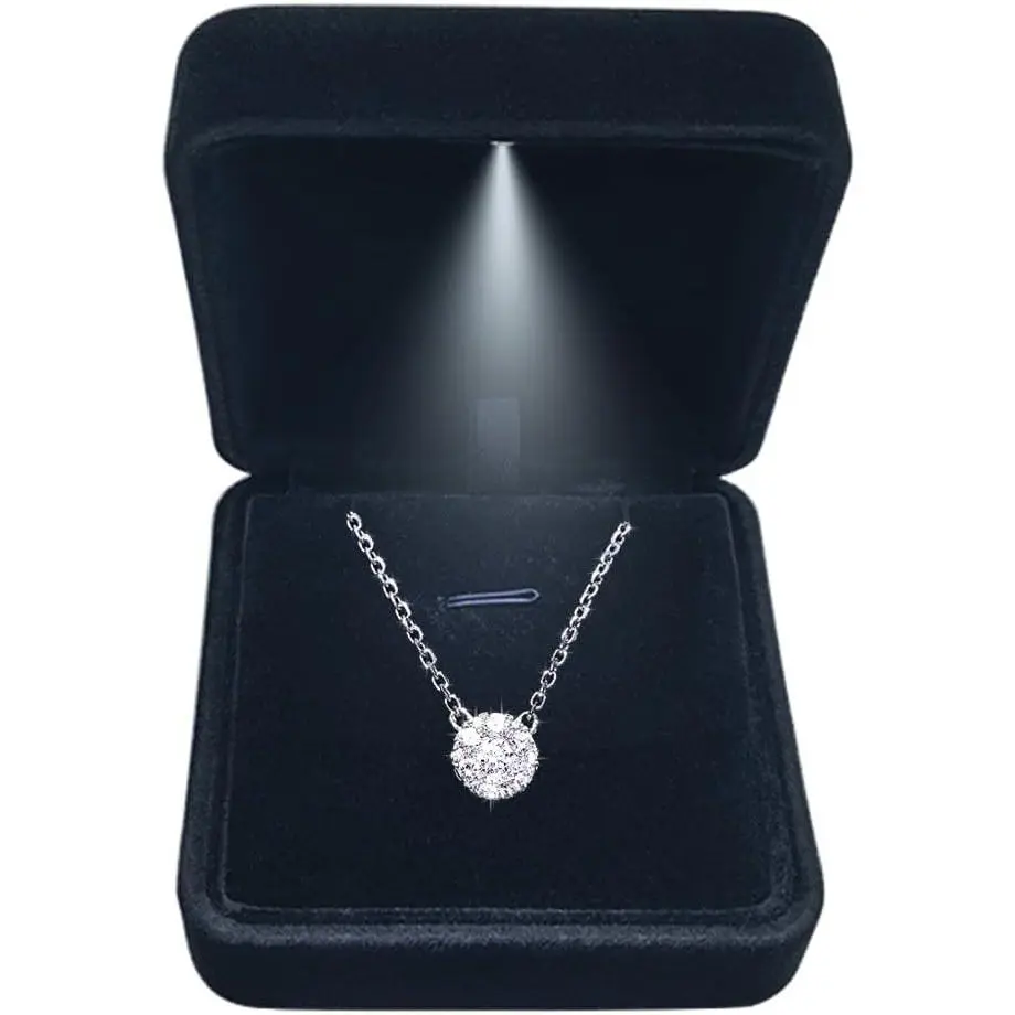 Pendant Necklace Box with LED Light, Necklace Gift Box Velvet Jewelry Display Case for Proposal Engagement Wedding and Birthday,Black