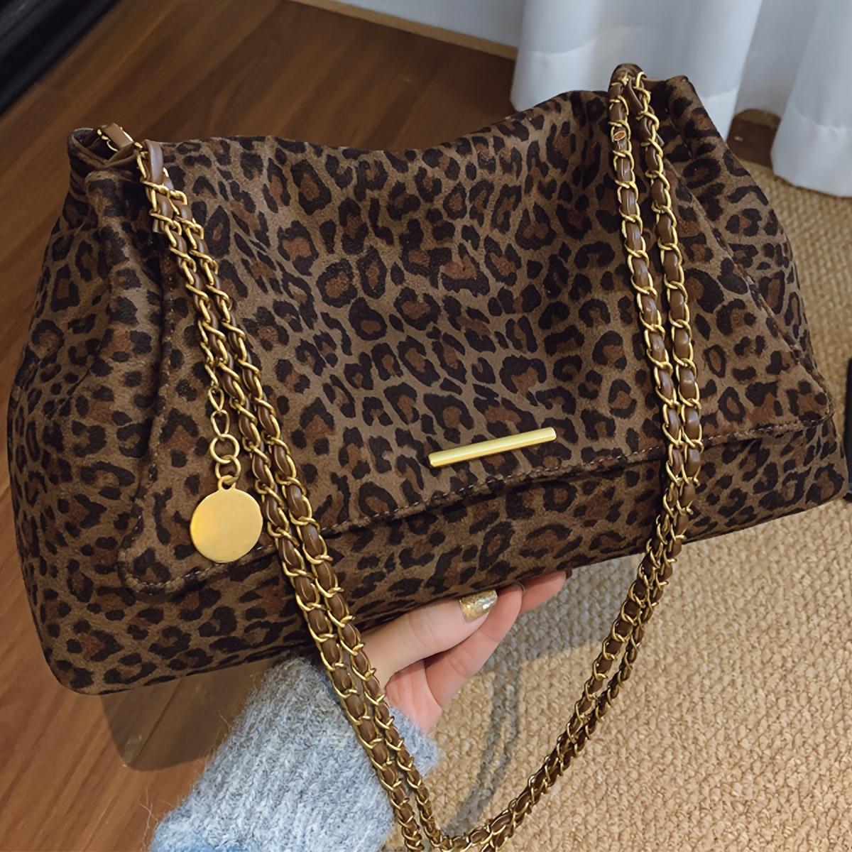 Women's Faux Suede Leopard Print Tote Bag, Large Capacity Chain Shoulder Bag with Phone Pouch, Coin Purse & Cosmetic Bag for Daily Commute