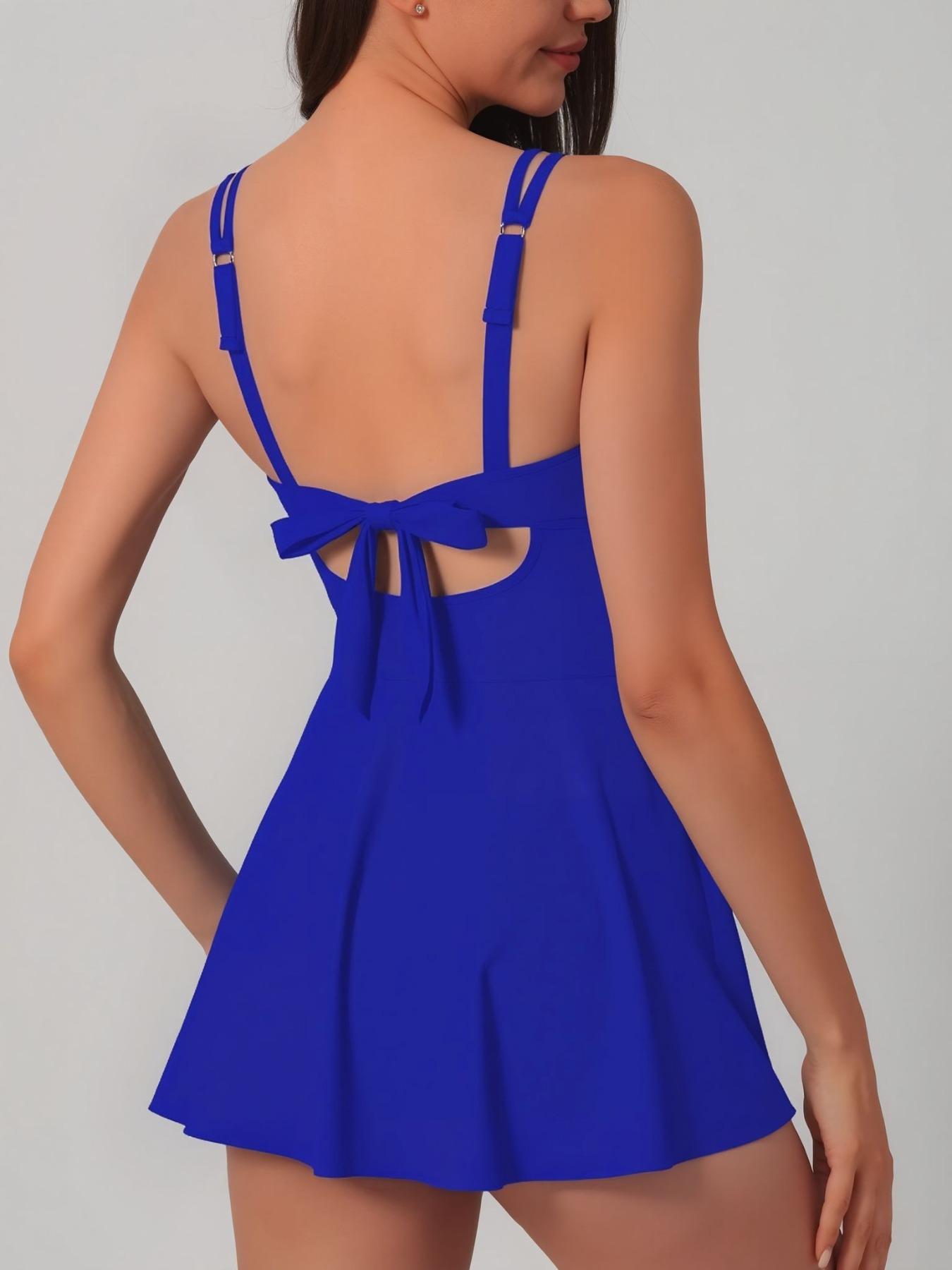 Women's Solid Color Scallop Trim Deep One-Piece Swimsuit, Casual Comfortable Adjustable Strap Tie Back Backless Sleeveless Swimwear for Beach Holiday Vacation