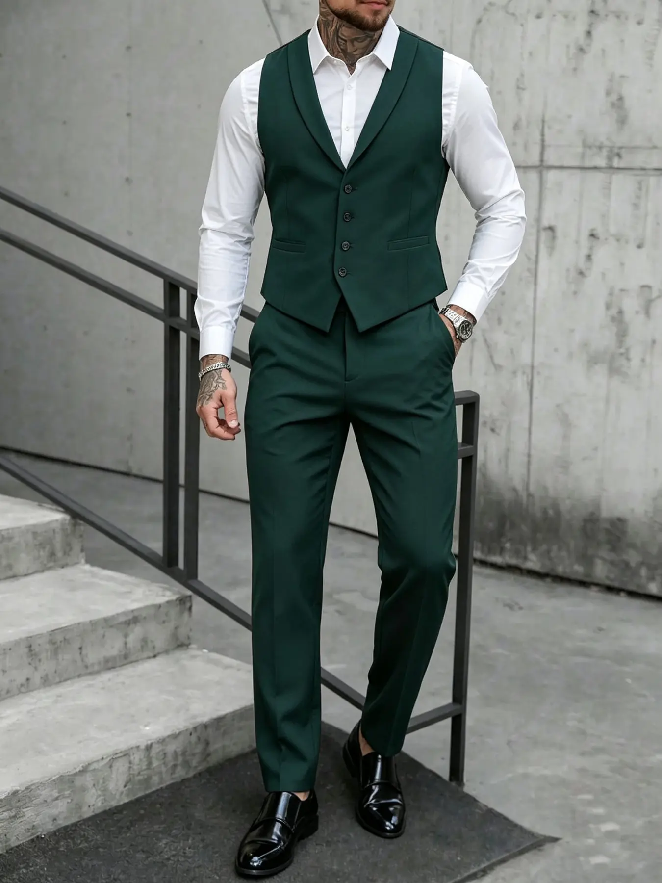 Men's Slim Fit Two-Piece Suit Set, Single Button Solid Color Vest & Pants, Formal Business Wear, Elegant Comfortable Fit