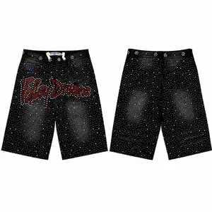 Vale Valley Forever Iced Out Rhinestone Denim Shorts – Unisex Loose Streetwear Hip Hop Jean Shorts, Summer Casual Bottoms, TikTok Trendy Fashion Outfit for Men and Women