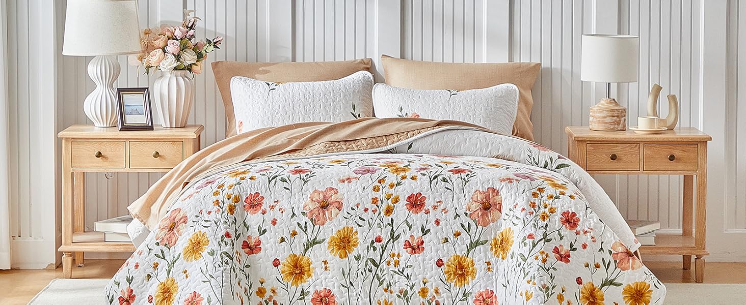 Floral Set 3 Piece Flower Sets Queen Size - Reversible Microfiber with 2 Shams Soft Breathable Botanical Bedding Bedspread Coverlet Summer Comforter All Season Purple Leaves