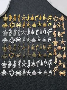 100pcs Bulk Antique 5 Color Mix Marine Life Charm Alloy Starfish Turtle Shell Pendant for Jewelry Making Charms DIY Earrings Necklace Supplies Accessories