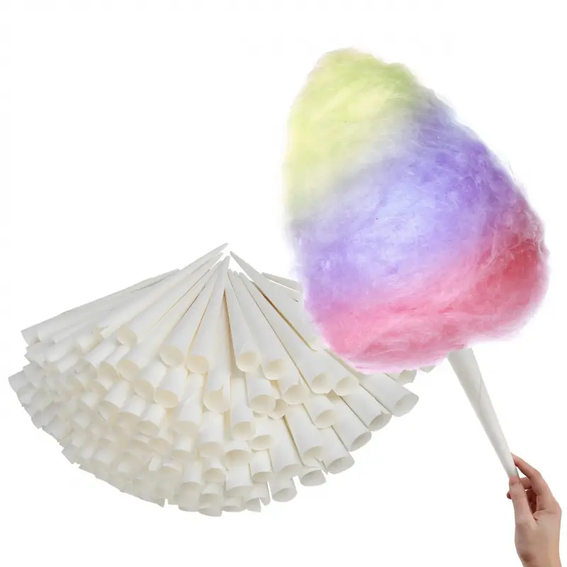 Eco-Friendly White Kraft Paper Cotton Candy Cones (100 Pack) - Disposable Sticks for Floss Sugar, Carnival Treats, Business Use, Compatible with Cotton Candy Machines