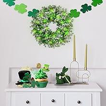 St. Patrick's Day 17.7’’ Shamrocks Wreath with 30 Green Lights Artificial Greenery Clover Wreath for Wall, Window, and Indoor Home Decor Ornaments Decoration Deer