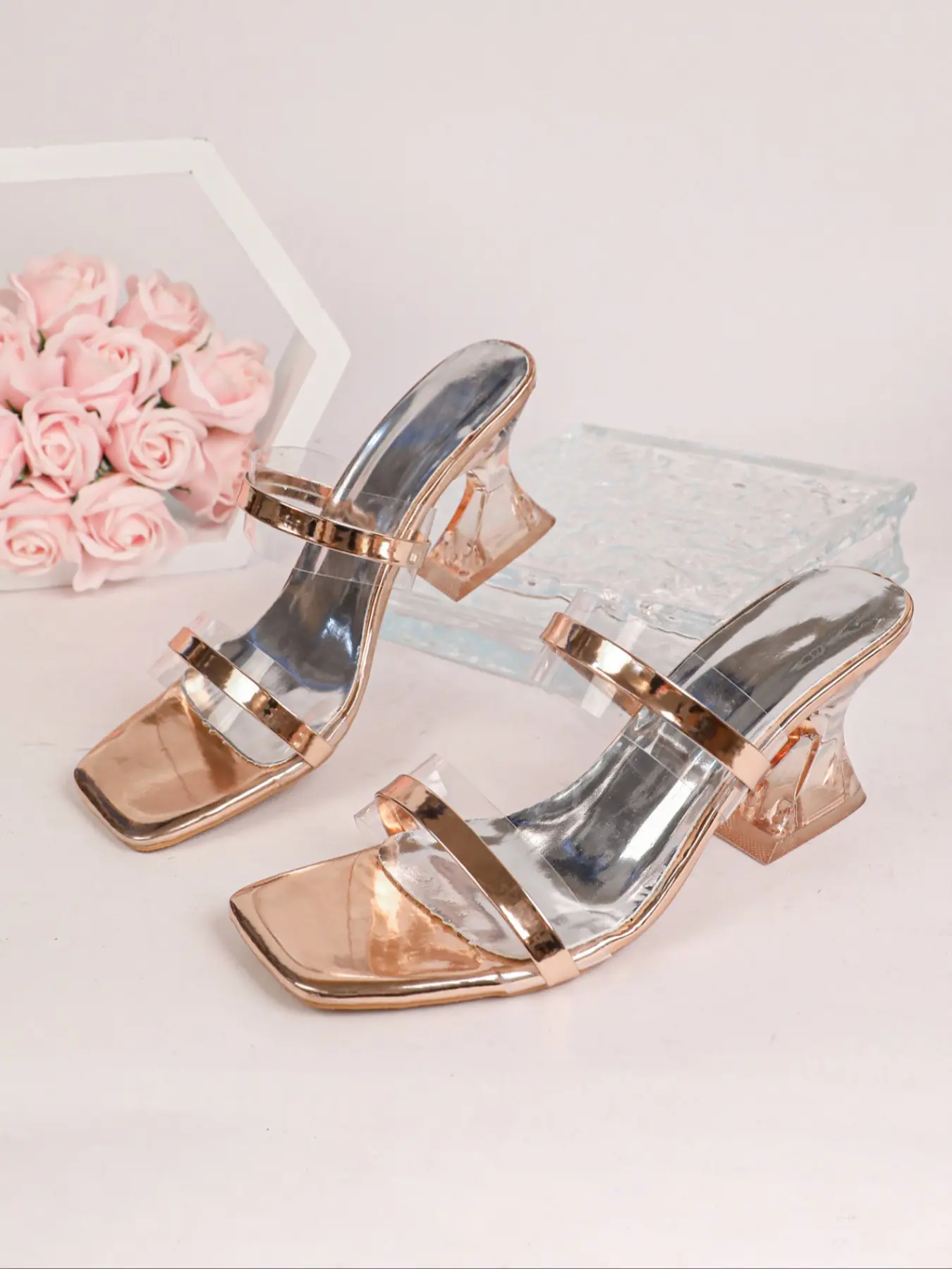 Luxury Mirror Finish Open Toe Heeled Mules Clear Chunky Heel Slides For Party Date