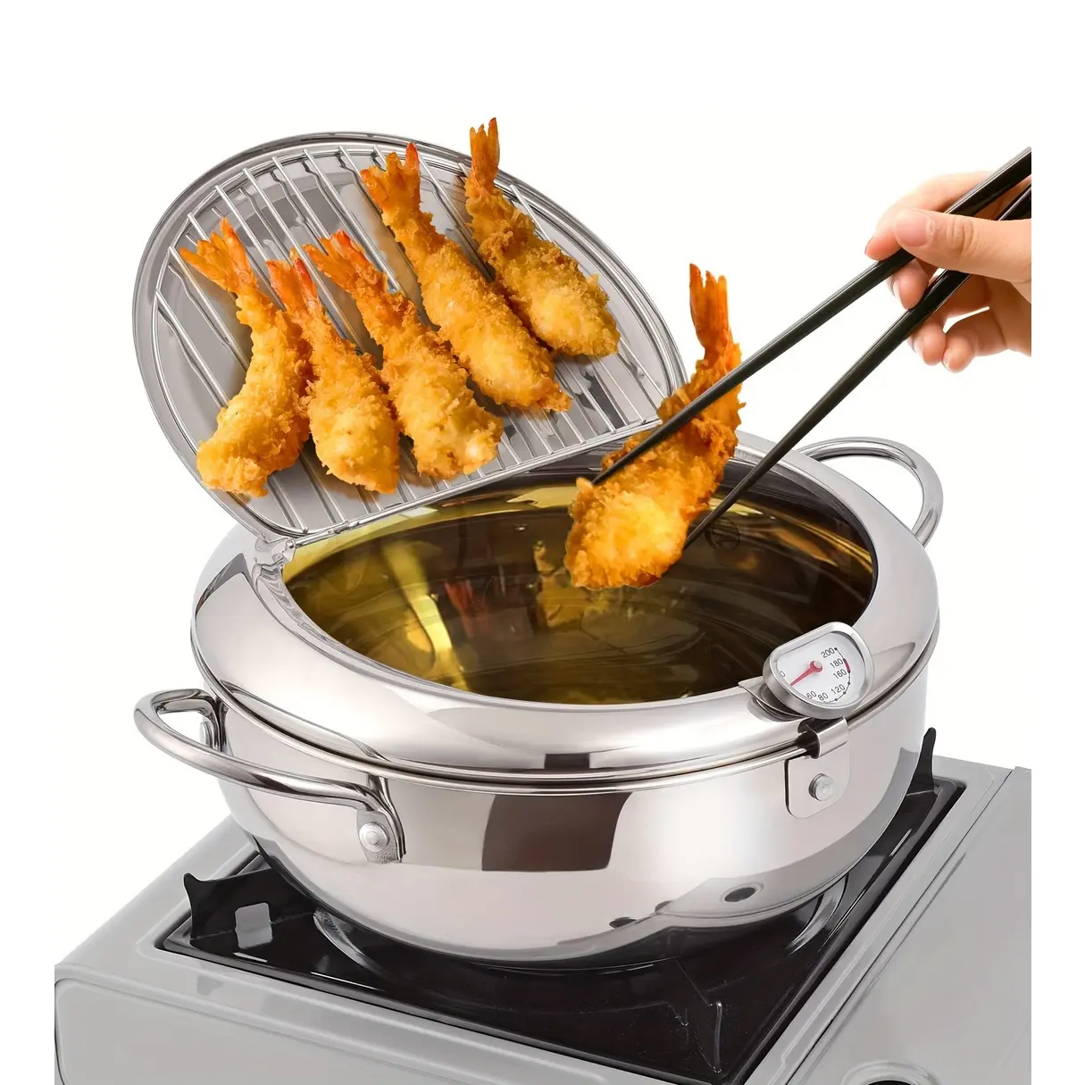 Stainless Steel Deep Fryer - 1pc Frying Pan With Lid And Temperature Control - Oil Drop Filter Rack, Gas Stove Electromagnetic Stove Universal, Kitchen Cookware For French Fries, Chicken And More