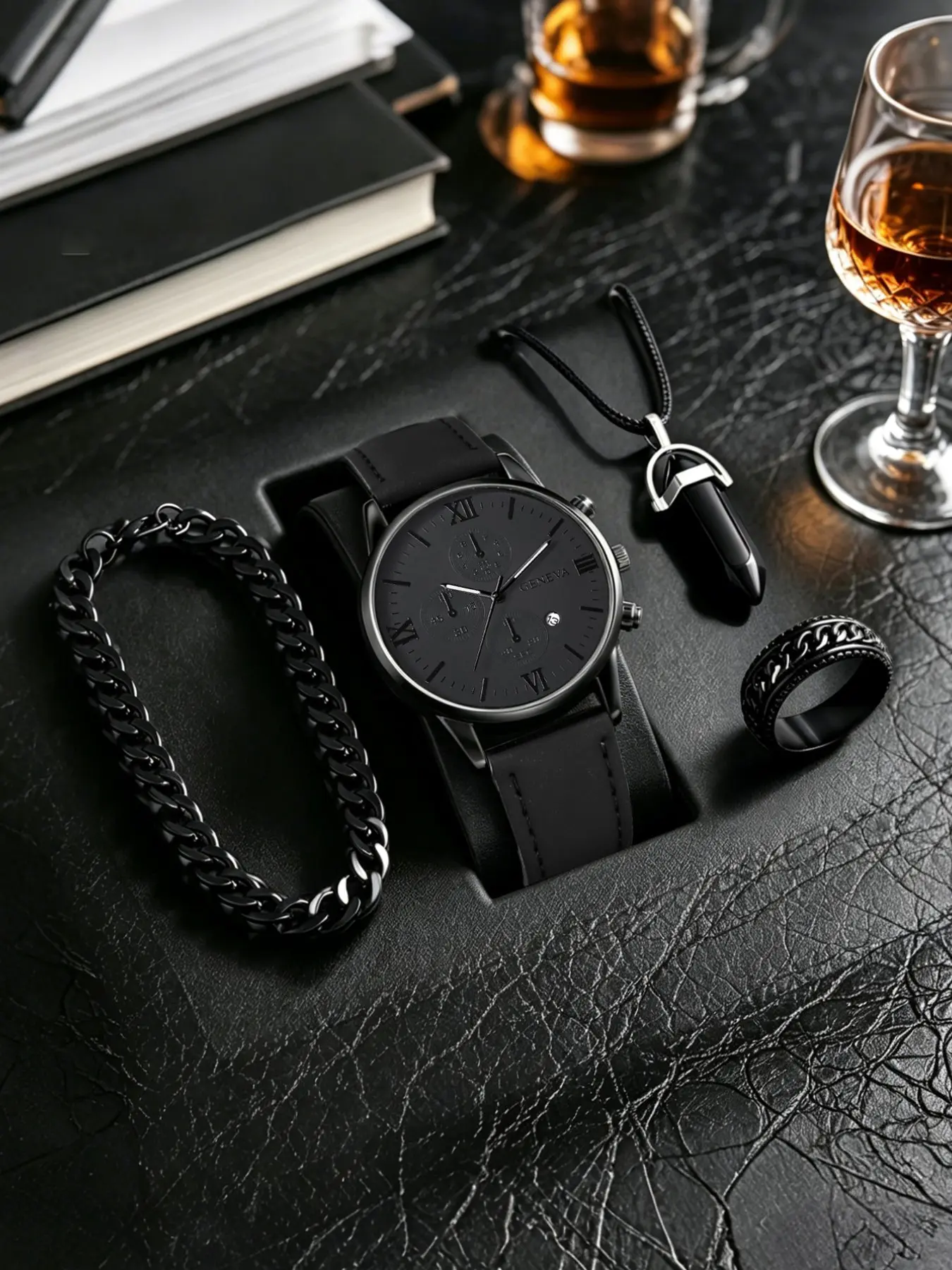 Men's 4-Piece Set, Casual Leather Strap Quartz Watch, Cuban Bracelet, Bullet Pendant Necklace, Ring, Perfect Gift for Travel and Dates
