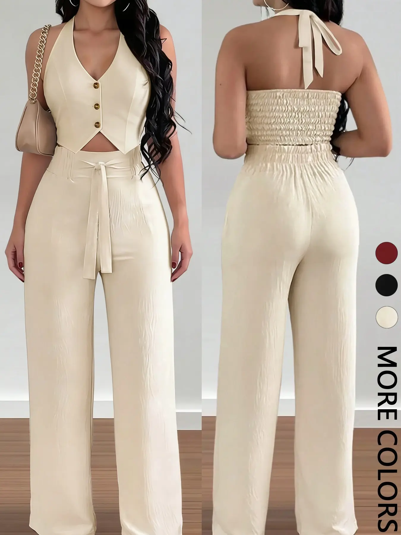 Women's  Halter Crop Top & Wide-Leg Pants Set, Womenswear, Comfortable Woven Material & Halter Neck Design & Smocked Back & Tie-Waist Silhouette，2pcs