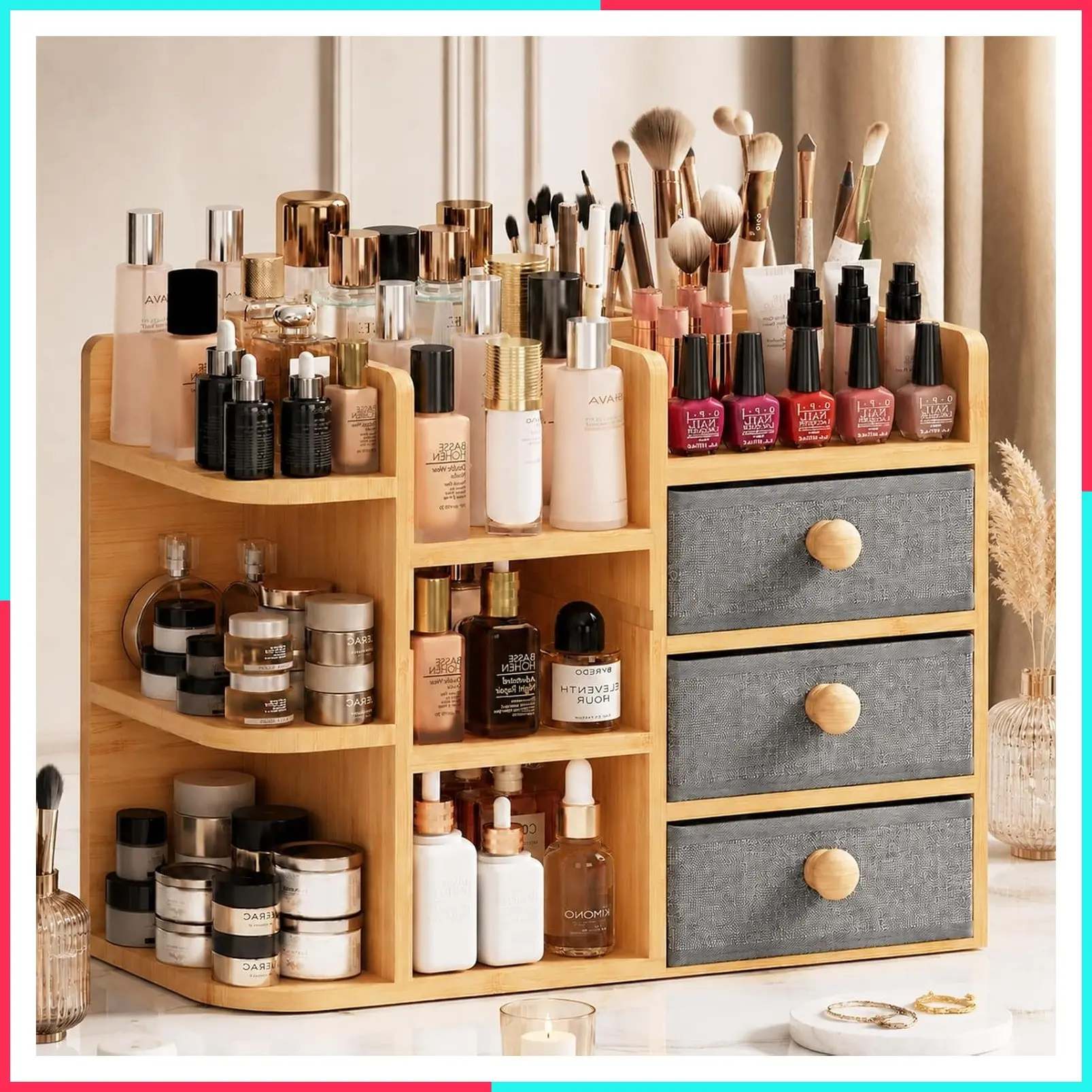 Large 3-Tier Bamboo Makeup Organizer for Vanity Countertop with 3 Drawers, 10 Compartments, Brush Holder, Nail Polish & Perfume Stand