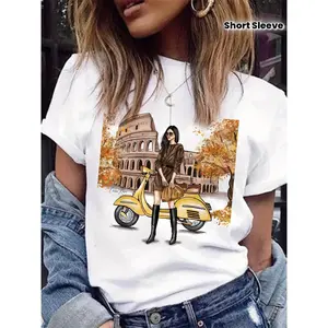 Women's Rome Italy Fall All-Over Print T-Shirt, Casual Short-Sleeve Round Neck Top, Breathable for Outdoor Activities, Tshirt, Women's Clothes