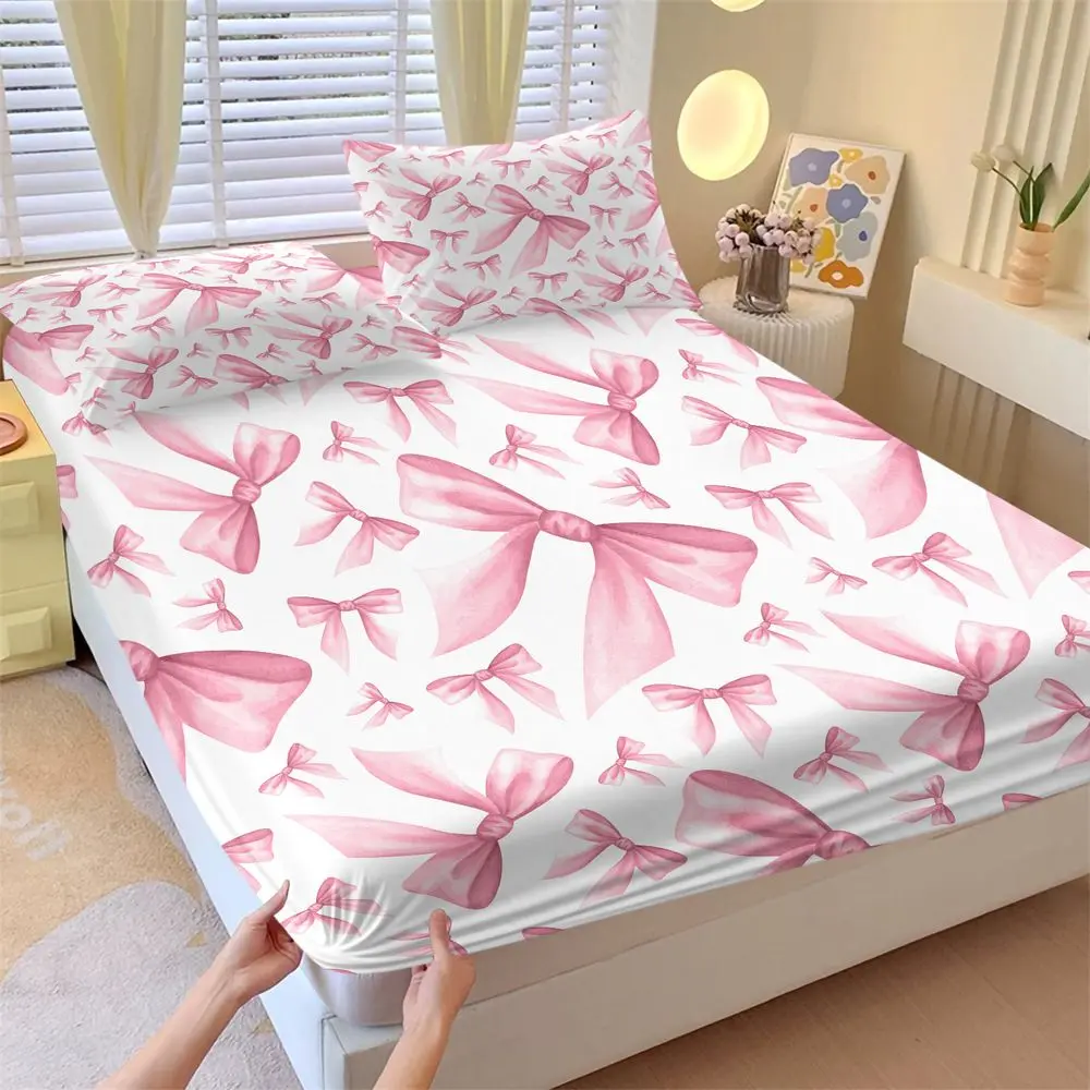 3Pcs Coquette Aesthetic Bow Bedding Set, Printed Bedding Set, Pink Ribbon Print Fitted Sheet Set, Soft Microfiber Bed Sheets Set for Girls Room, Aesthetic Dorm Decor, Cute Room Essentials, Queen/Full/Twin Size No Fillers