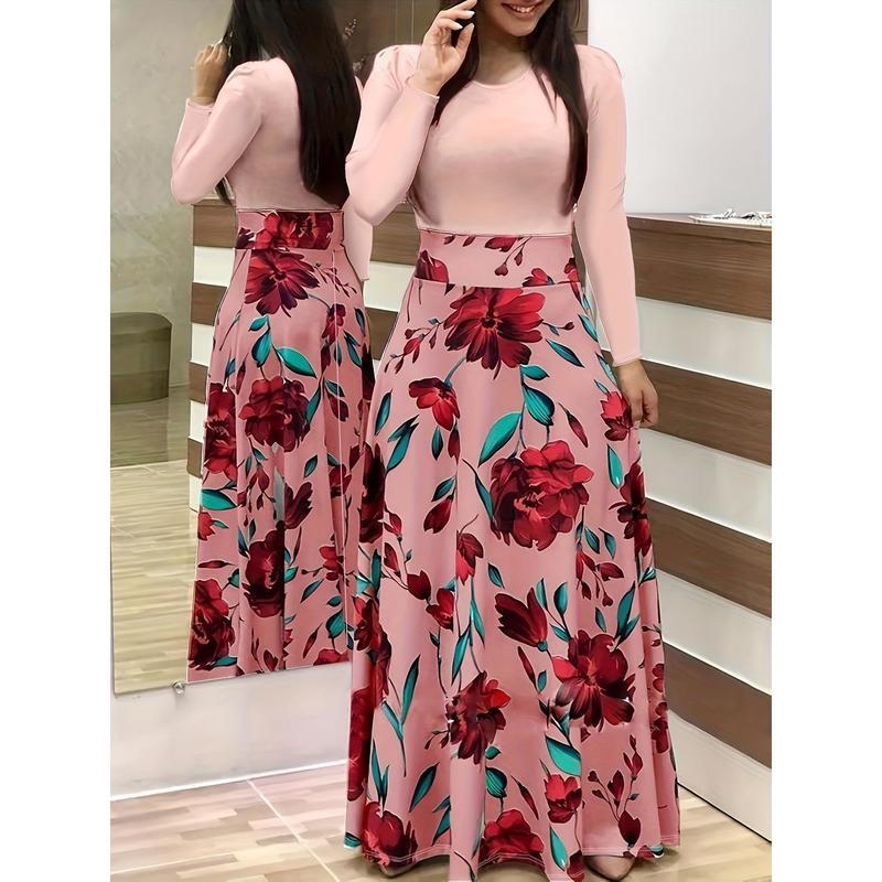 Long Sleeve Elegant Floral Print Maxi Dress, Crew Neck Pleated Women's Clothing Womenswear Geometric