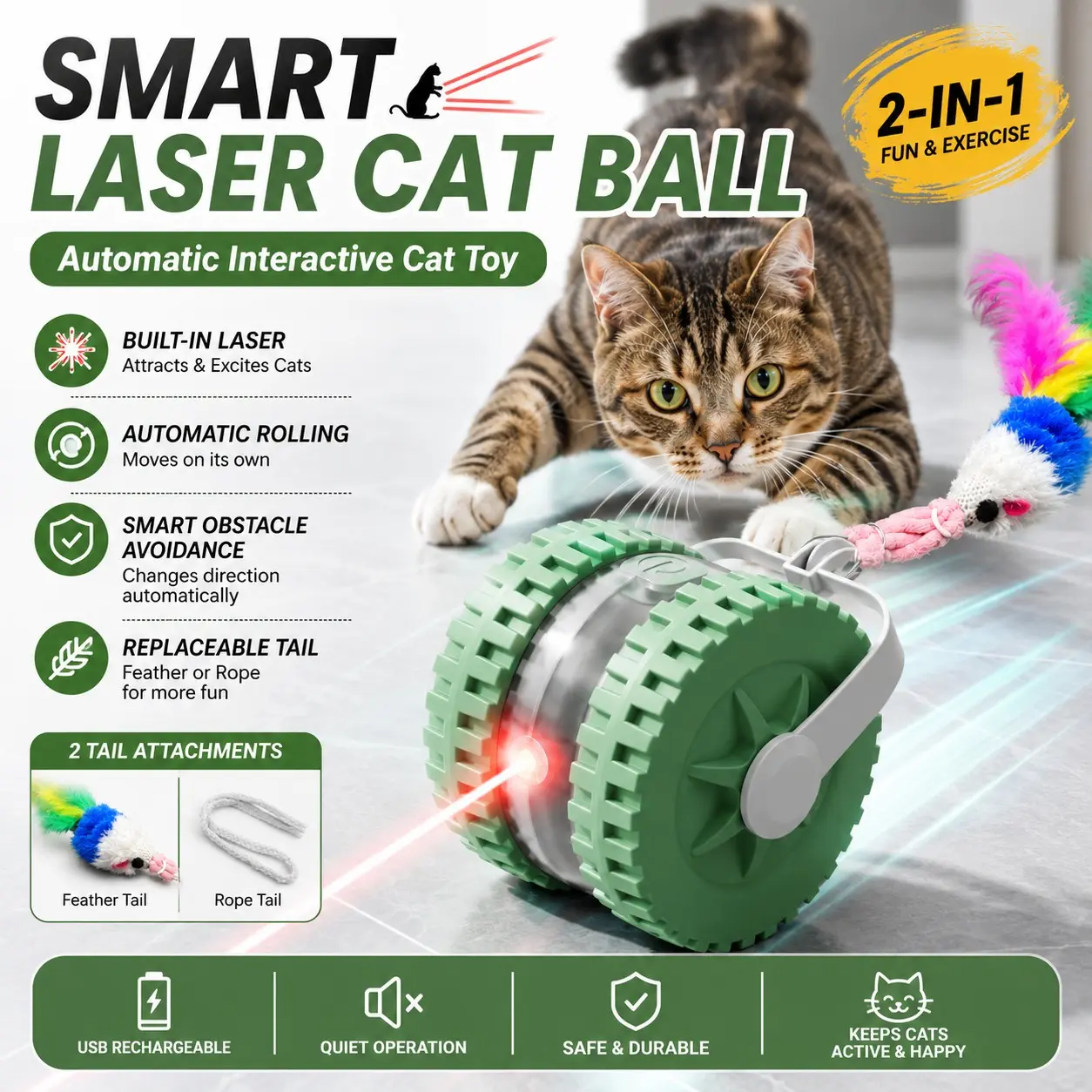 2-in-1 Smart Laser Cat Ball, Automatic Rolling Interactive Toy with Obstacle Avoidance, USB Rechargeable Cat Enrichment Toy