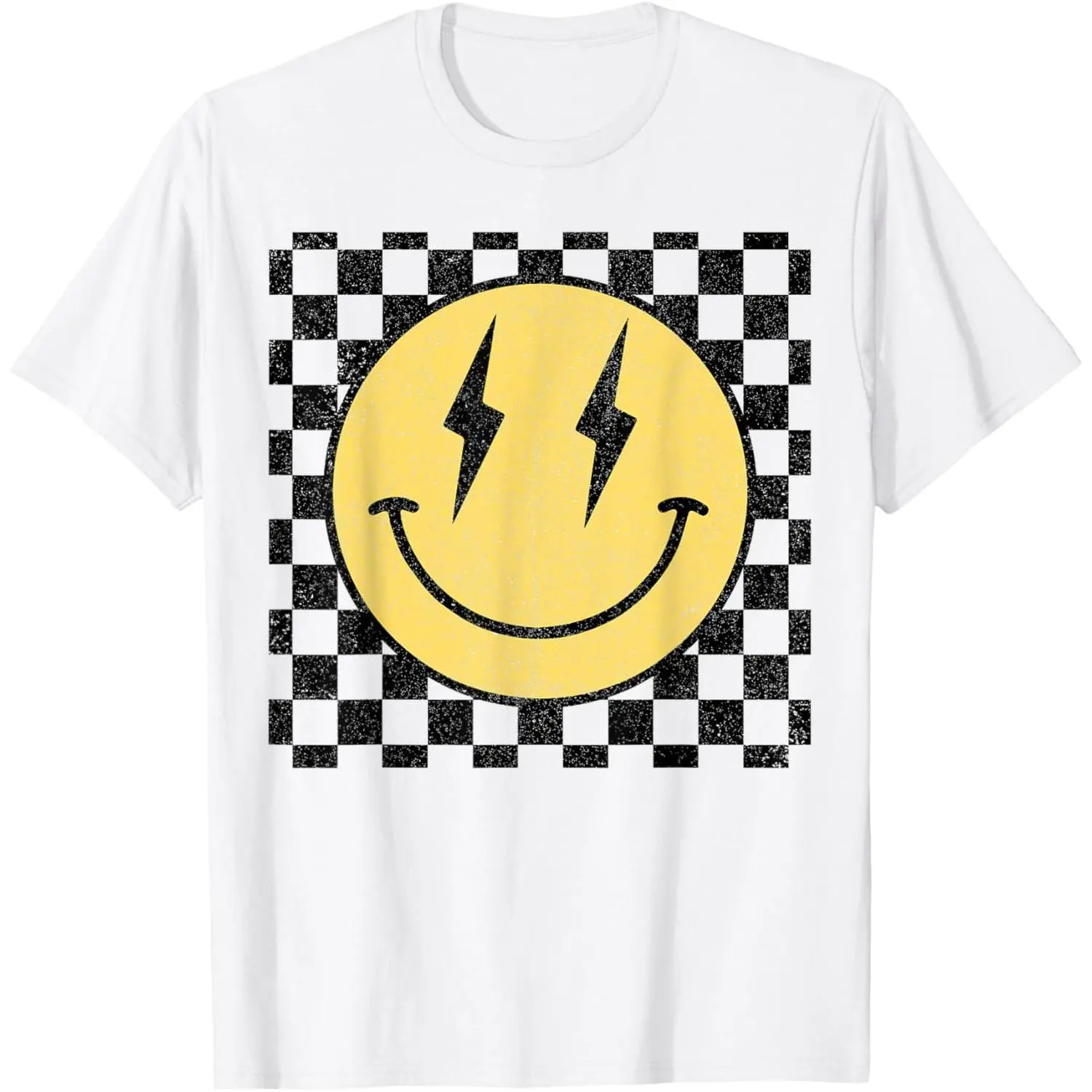 Women's 100% Cotton Classic Crew Neck Graphic T-Shirt - Retro Checkered Smile Face Print, Relaxed Fit Casual Wear Basics, Short Sleeve Summer Top