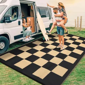 GARVEE - Waterproof Woven Outdoor Rug, 8 x 10 Feet, Reversible Plastic Rug, Large, Foldable, Modern, Geometric, Checkered, Outdoor, for Picnic, Patio, Terrace