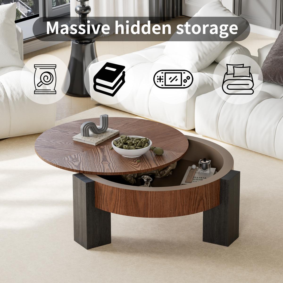 33'' Round Coffee Table with Hidden Storage, Modern Wabi-Sabi Wood Parquet Veneer Top Table, 3 Block Legs Sturdy Center Accent Table for Living Room, Small Space