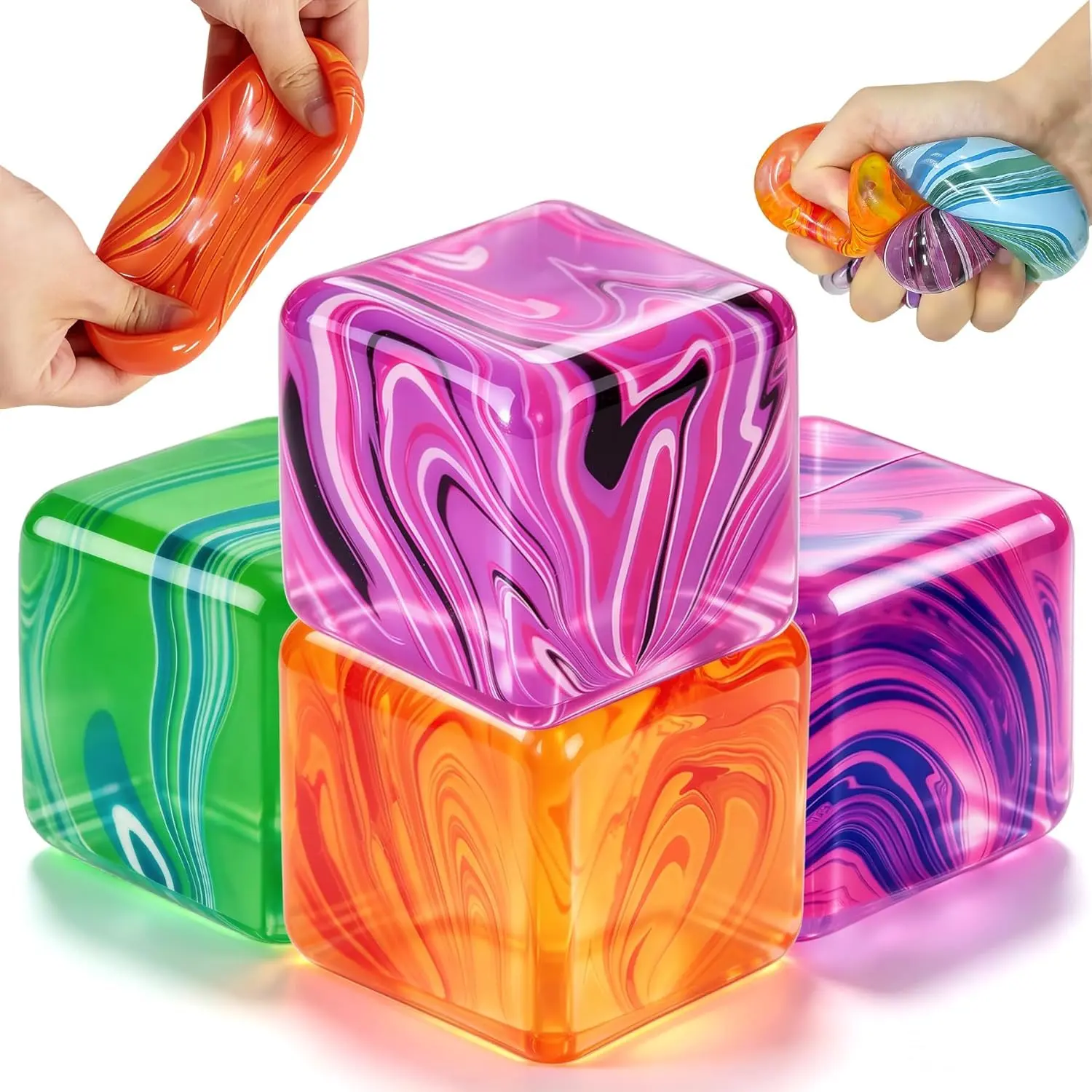 4-Pack Stress Relief Cube Press Toy, Ice Block Shape Squeeze Fun, Slow Bounce Pressure Ball Sensory Toy for Kids Adults Autistic Patients