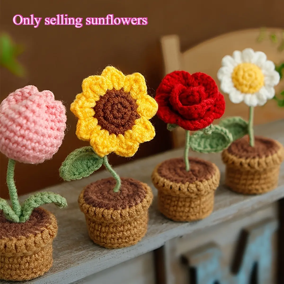 1pc handmade knitted artificial potted plant, artificial yarn crochet flower decoration, perfect for Mother's Day, anniversaries, birthdays, Valentine's Day, and home or office desk decor for moms, friends, or girlfriends