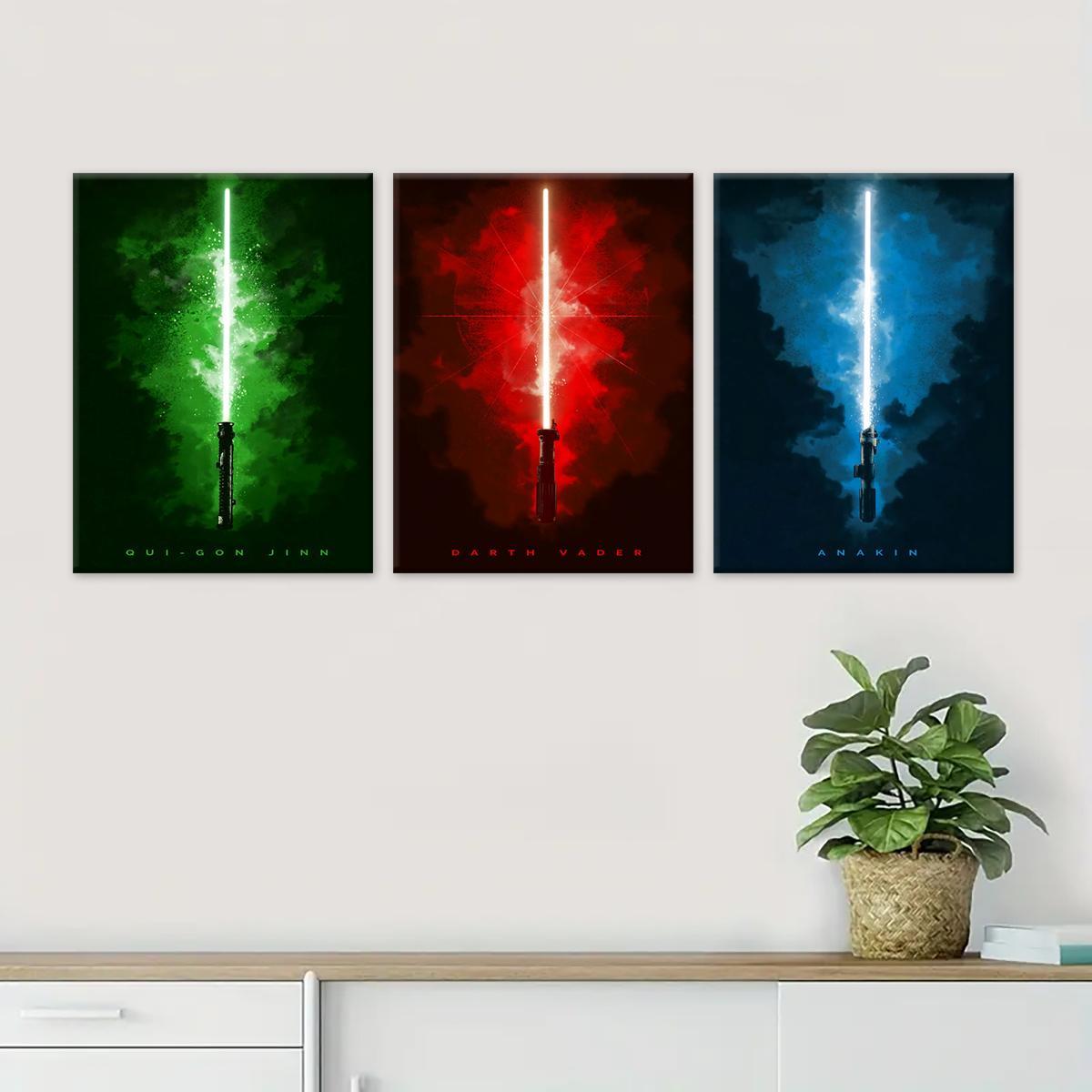 Wooden Framed Canvas Painting, 3 Counts/set Lightsaber Pattern Wall Art, Unique Artwork, Modern Wall Decor for Home Living Room Bedroom Office Illustrations, Decoration