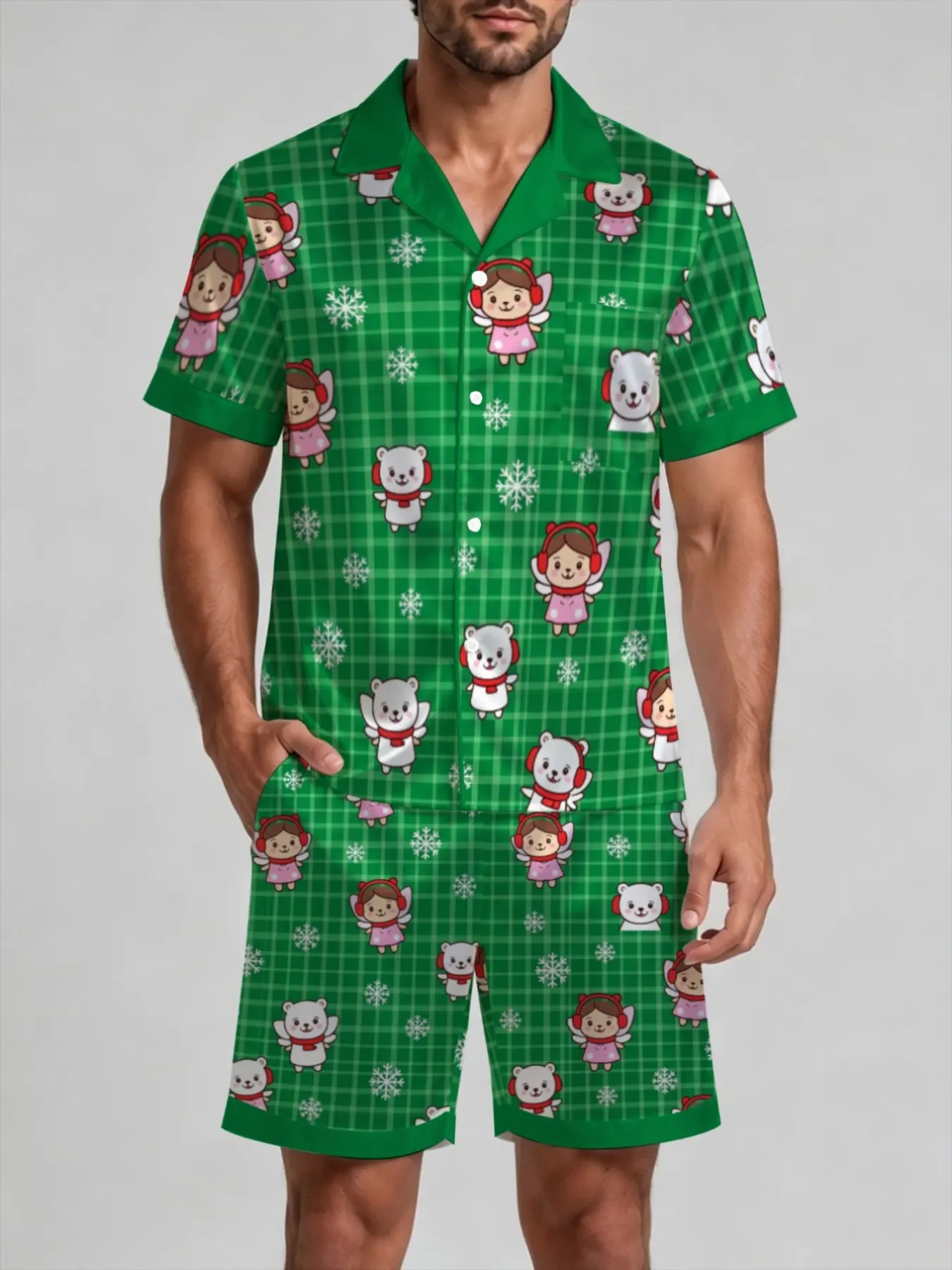 Men's Christmas Pajama Set, Short Sleeve Open Front Top with Shorts, Grid Cute Cartoon Angel Bear Snowflake Print, Soft Holiday Sleepwear