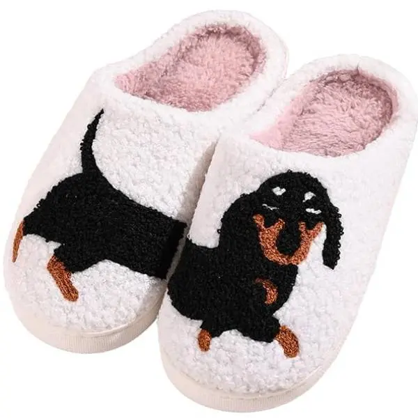 Women's Dachshund Fuzzy Soft Below-Ankle Slide Slippers - Cute Animal Plush House Footwear, Comfortable Women's Shoe