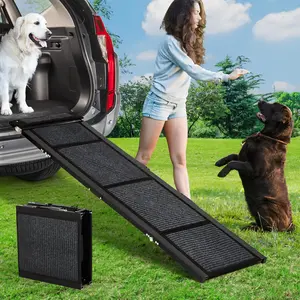Heavy Duty Folding Dog Ramp for Large Dogs 250 LBS Capacity Non Slip Aluminum Pet Ramp for Cars SUVs Trucks High Bed 63 Inches Long Portable Quad Fold Dog Car Ramp Joint Protection Side Rails Dog Stairs for Senior Dogs