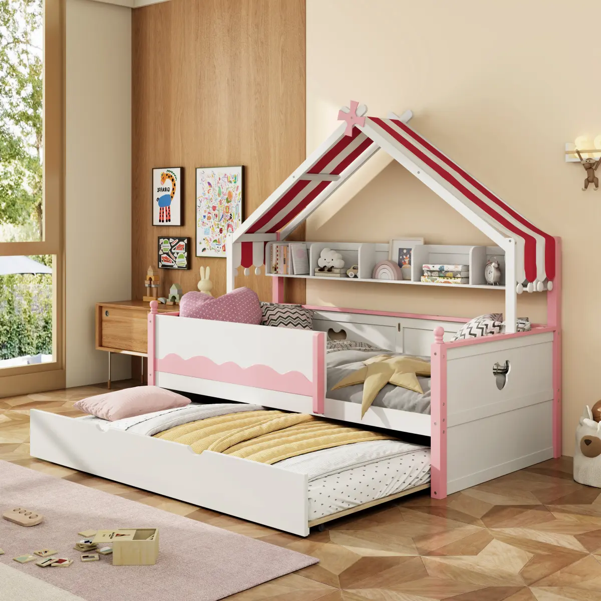 [Bellemave] Twin/Full House-Shaped Daybed with Trundle and Built-In Bookshelf, Modern Platform Bed with Fabric Tent Canopy for Bedroom, No Box Spring Needed, Easy Assembly