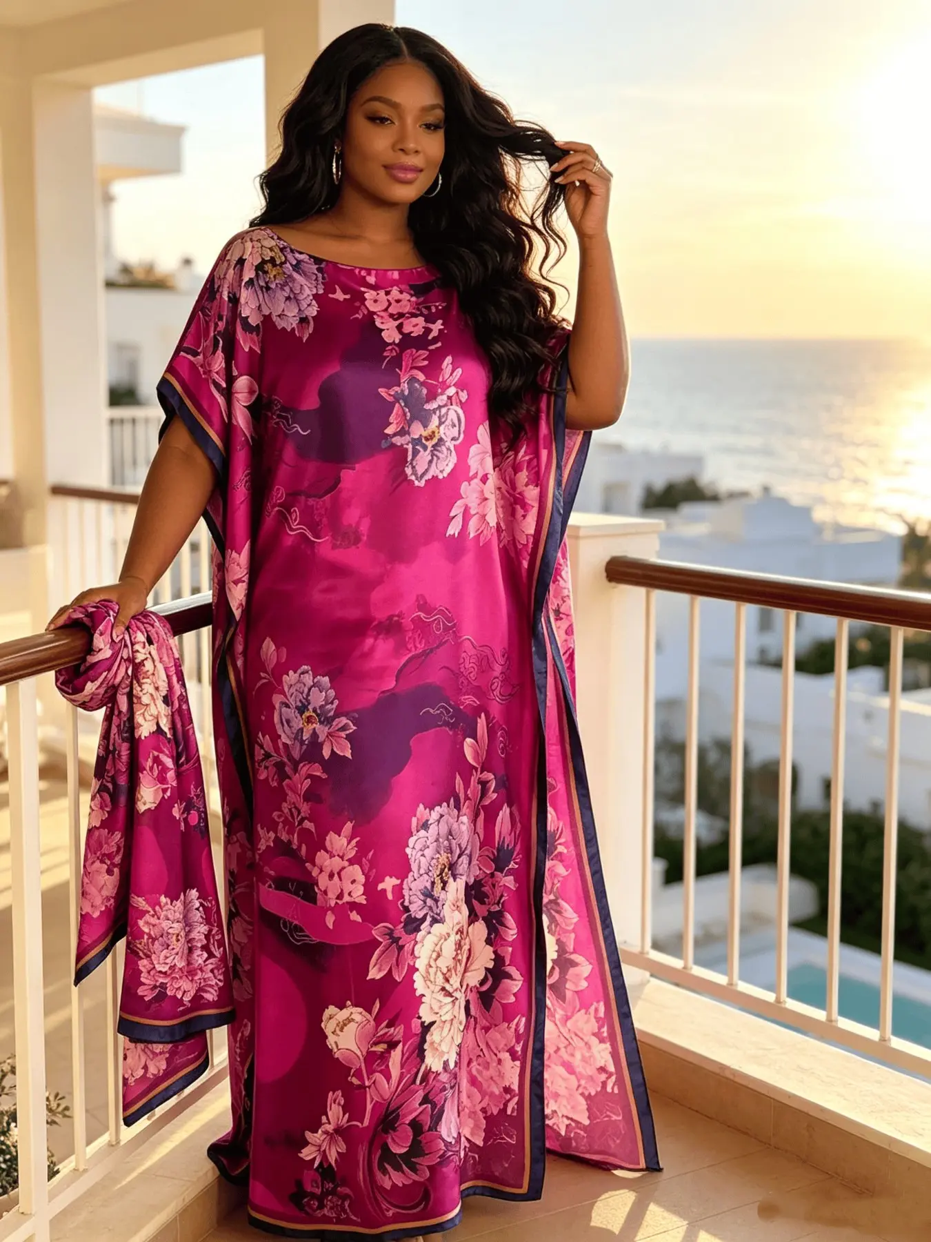 Plus Size Women's Fuchsia Pink Watercolor Floral Print Bohemian Maxi Kaftan Dress with Matching Headscarf 2 Piece Set, Lightweight Breathable Loose Batwing Casual Long Dress, Beach Resort Loungewear Cover Up for Curvy Ladies Boho Summer Dresses