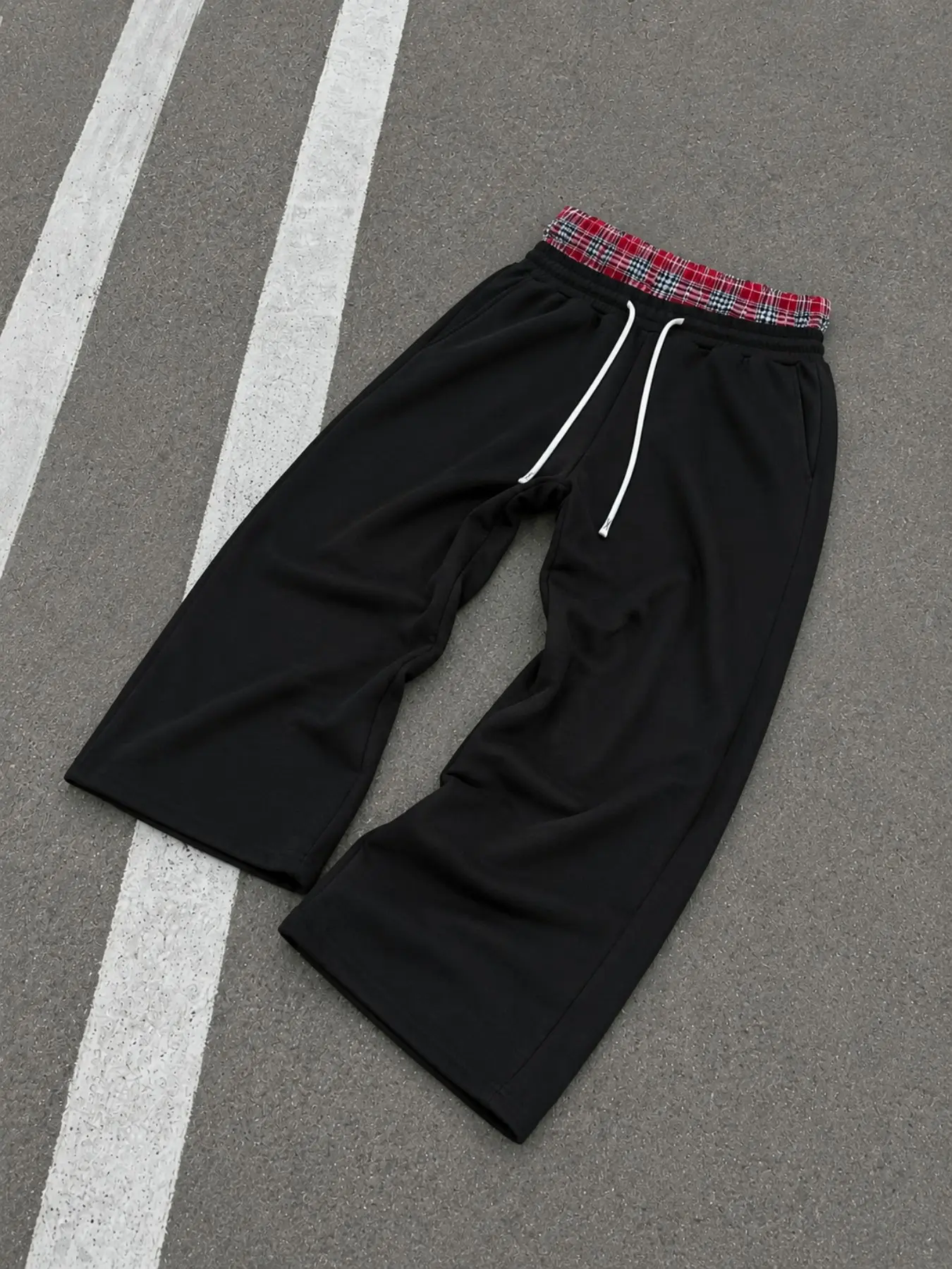 Unisex Faux Layered Plaid Waist Wide Leg Loose Sweatpants, Baggy Drawstring Streetwear Pants for Y2K High Street, Coffee Run, Travel, Weekend and Daily Outfits