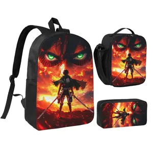 Anime Attack On Titan3 backpack with lunch bag pencil box for Teen Girls Boys, 3pcs kids school bag with adjustable straps, office travel bag Bookbag lunchbox