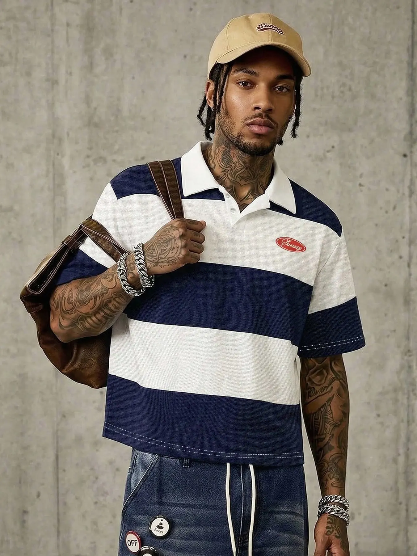 Men's Navy and White Striped Polo Shirt, Oversized Short Sleeve Collared Top with Horizontal Stripes, Small Red Chest Crest and Relaxed Cropped Fit, Retro Y2K College Streetwear for Summer, Campus, Dates, Travel, Parties, Weekends and Casual Styling