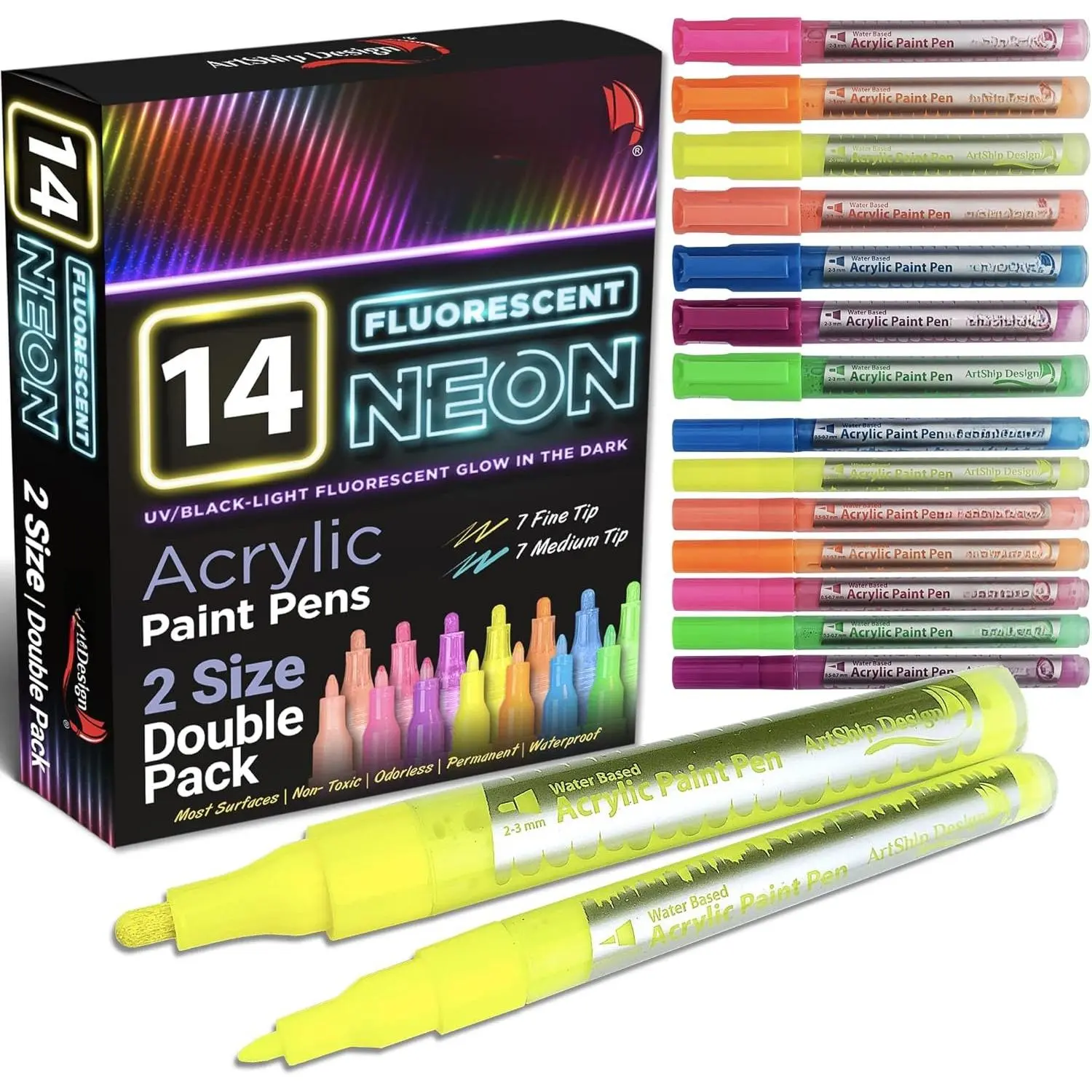 14 Pack Neon UV Fluorescent   Pens, Double Pack of Both Extra Fine and Medium Tip  Markers, for Rock Painting, Mug, Ceramic, Glass, and , Water Based  and No Odor