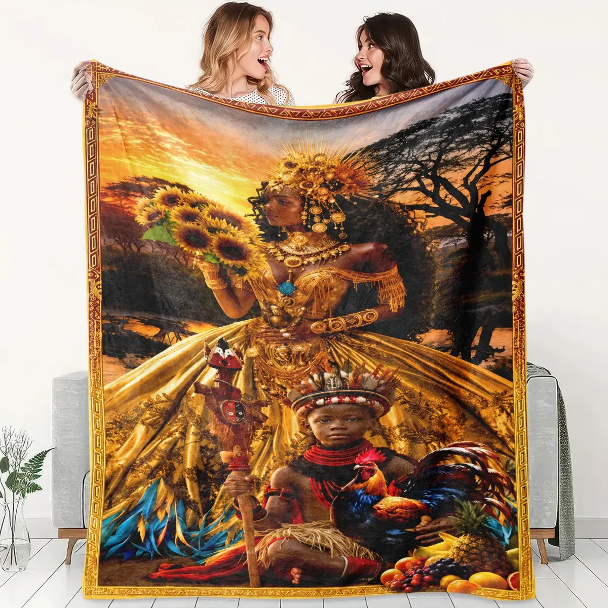 1pc Warm‑gold African‑style Themed Flannel Blanket, Full Print African Queen Figure, Child Character, Sunflower Bouquet, Rooster, Tropical Fruits, Golden Headdress & Necklace, Savannah Sunset Landscape Warm & Fun. Soft Warm Cozy Nap Blanket, Suitable for