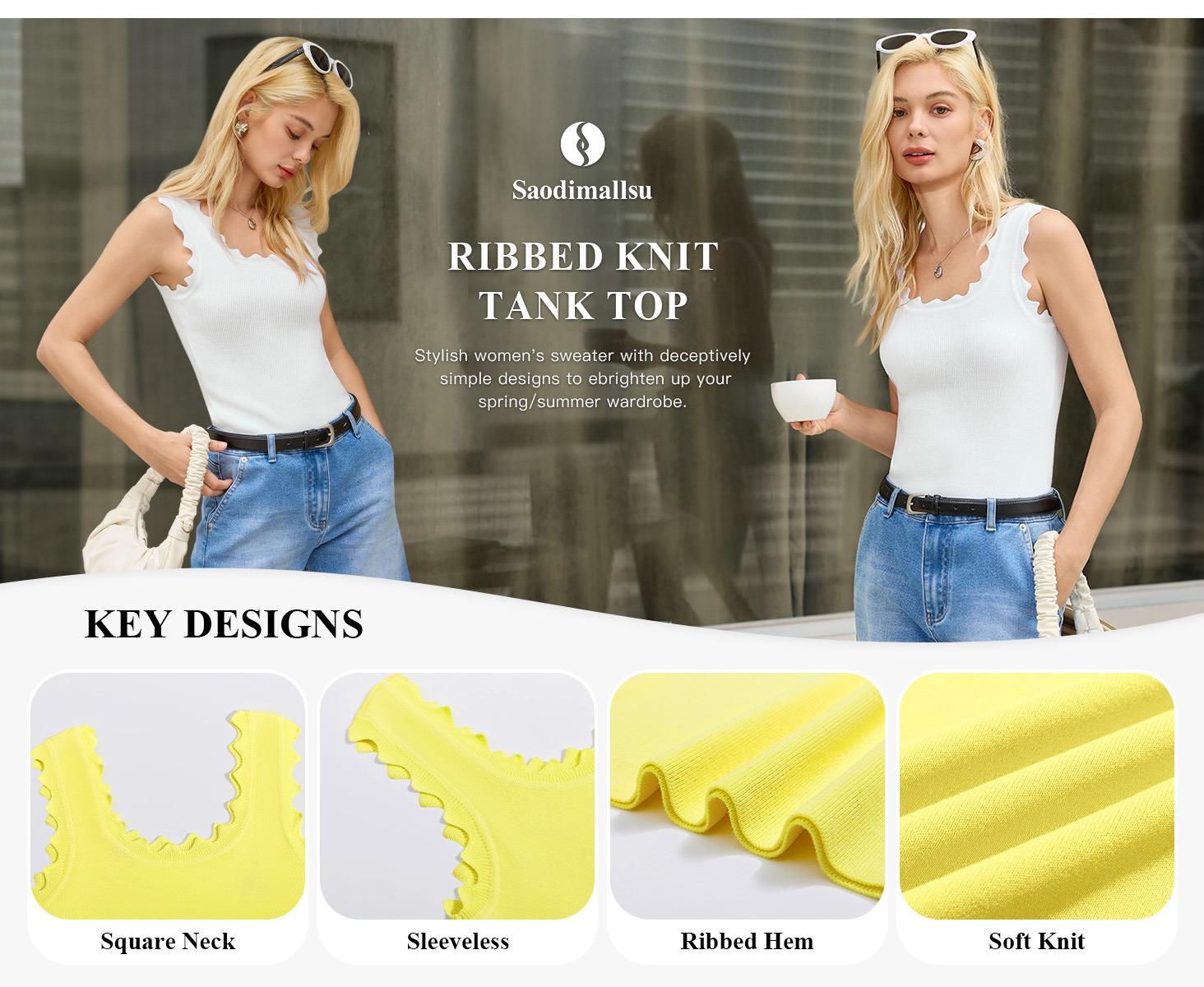 Saodimallsu Womens Ribbed Knit Tank Top Summer Sleeveless Square Neck Casual Basic Slimming Sweater Vest Tops