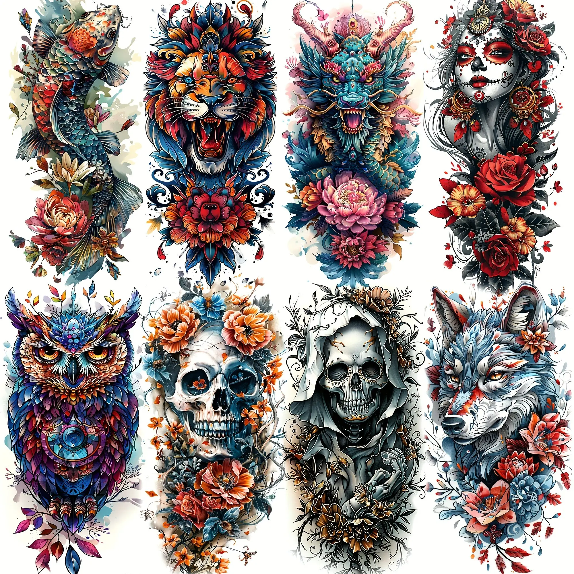 8 Sheets Realistic Temporary Tattoos, Tattoo Stickers, Waterproof Long-Lasting Designs, Lion Skull, Owl, Dragon, Fox, Floral, for Men Women Adults