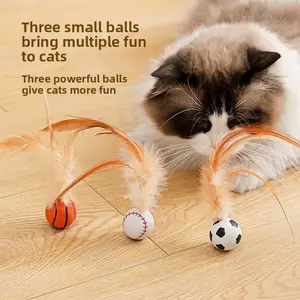 Cat Feather Ball Toy Set with Sports Shapes - Interactive Bouncing Rubber, Shuttlecock, Tail Balls, Baseball, Basketball, Soccer Designs, No-Battery Self-Entertaining Kitten Toy, Promotes Exercise, Reduces Anxiety, Indoor Play for All Cat Breeds