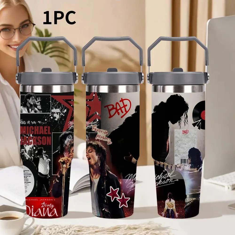 1pc Michael Jackson 30oz/32oz Stainless Steel Insulated Water Bottle, Portable Travel Tumbler, Flip Lid & Handle, Vacuum Thermal Cup, Fan Merch Gift