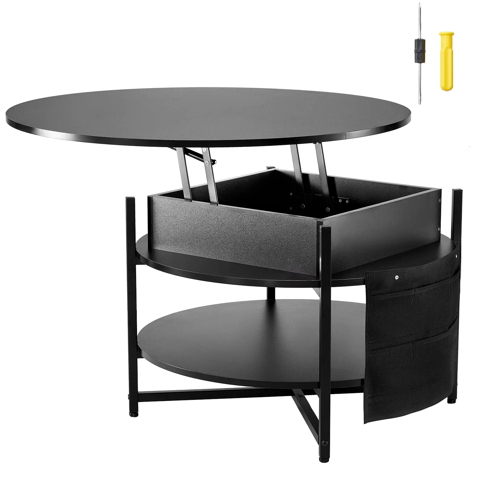 Lift Top Coffee Table, 35.3 in Round Coffee Table with Extra Storage Pockets, Pop Up Coffee Table for Living Room, Black