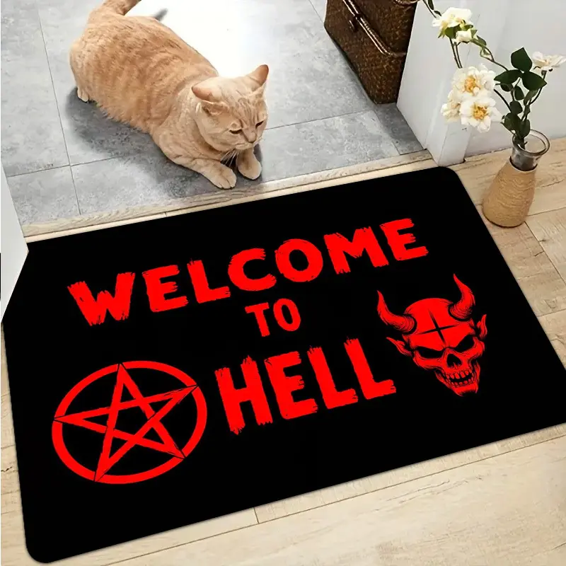 1Pc 2D Flat Printing Diatomaceous Earth Door Mat, Thickened Black Punk Style Entrance Mat, Red "WELCOME TO HELL" Ripped Font Floor Mat, Non-Slip Absorbent Doormat for Outdoor Courtyard, Entryway, Home Decor