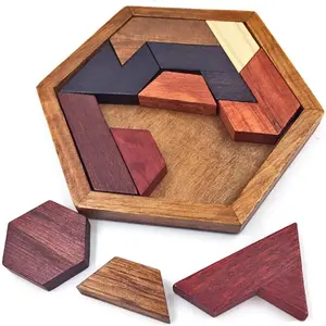 Hexagon Tangram Puzzle Wooden Brain Puzzles & Teasers for Kids & Adults - Challenge Games, Family Party Giftfidget toys