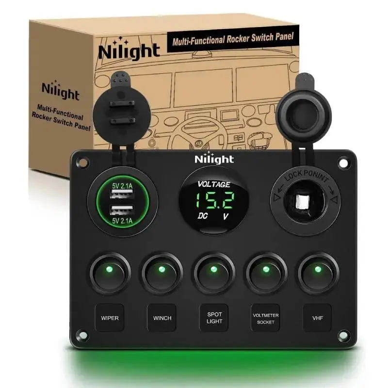Nilight 5-Gang Green Rocker Switch Panel with Dual DC 5V (2.1A/2.1A) USB, 12V Outlet, Voltmeter, Fuse, ABS Construction for Cars, Trucks, Yachts