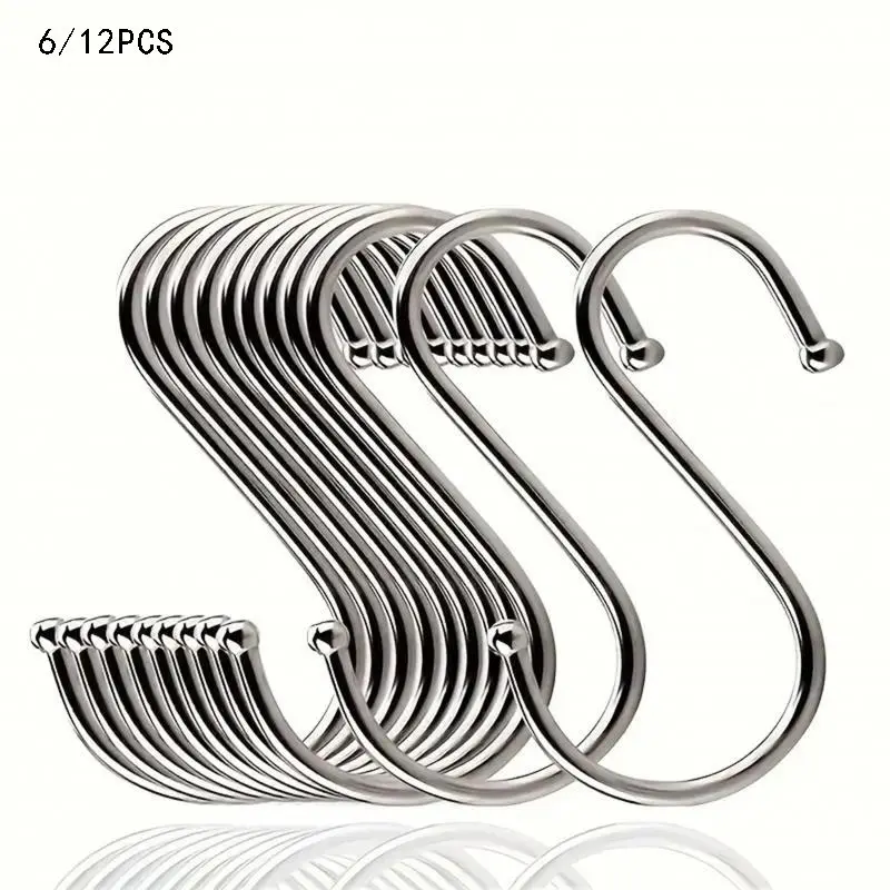 6/12-Piece Stainless Steel S-Hooks Heavy-duty, rust-proof, scratch-resistant, and cut-resistant metal hooks for kitchen, bathroom, bedroom, and office  Versatile indoor use; suitable for home decor, camping, and construction.